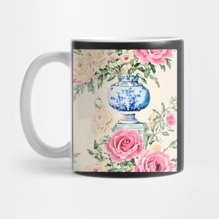 French roses in blue and white jar on pale yellow Mug